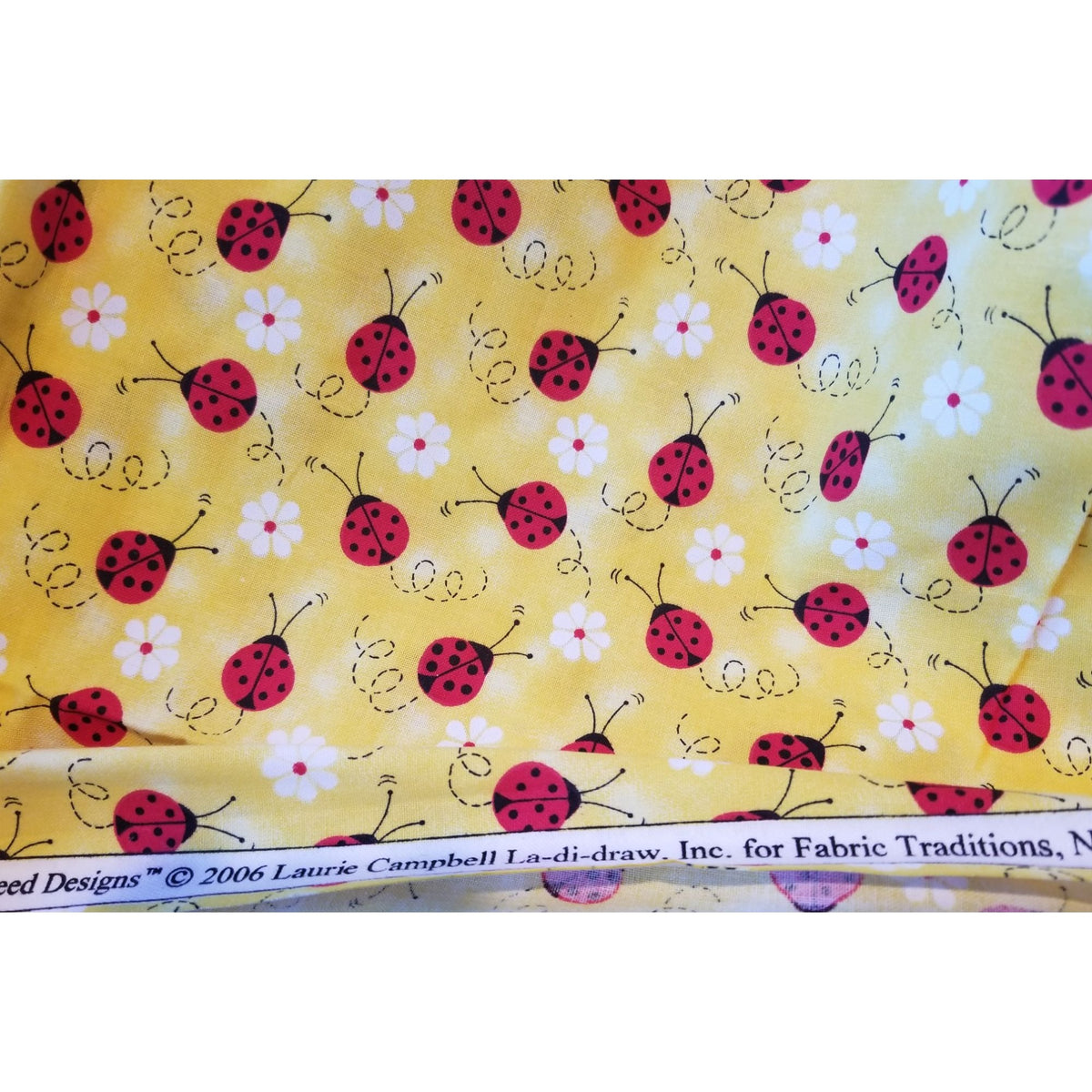 Material Yellow  Fabric Red Ladybugs White Flowers  Fabric    44" x 30"   Cotton Craft Clothing fabric Joann  Fabric