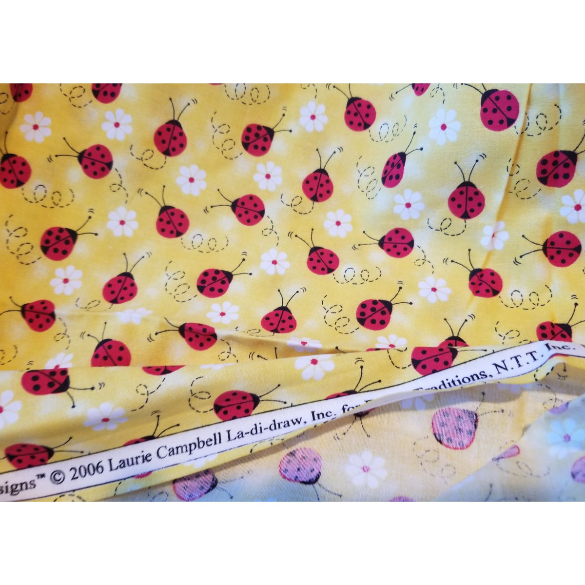 Material Yellow  Fabric Red Ladybugs White Flowers  Fabric    44" x 30"   Cotton Craft Clothing fabric Joann  Fabric