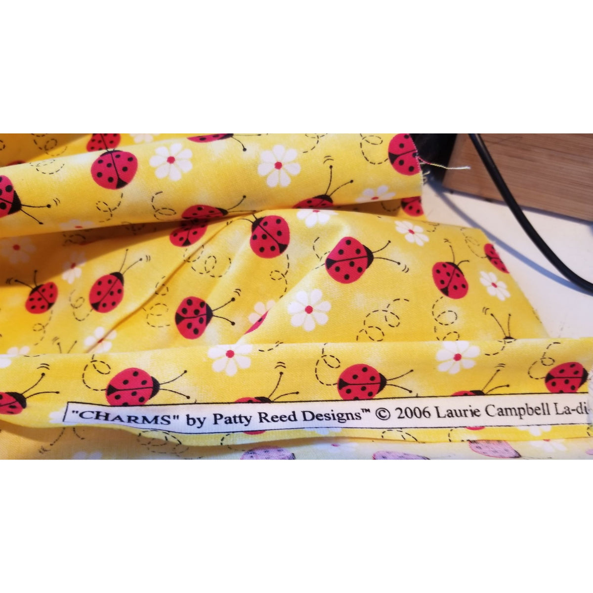 Material Yellow  Fabric Red Ladybugs White Flowers  Fabric    44" x 30"   Cotton Craft Clothing fabric Joann  Fabric