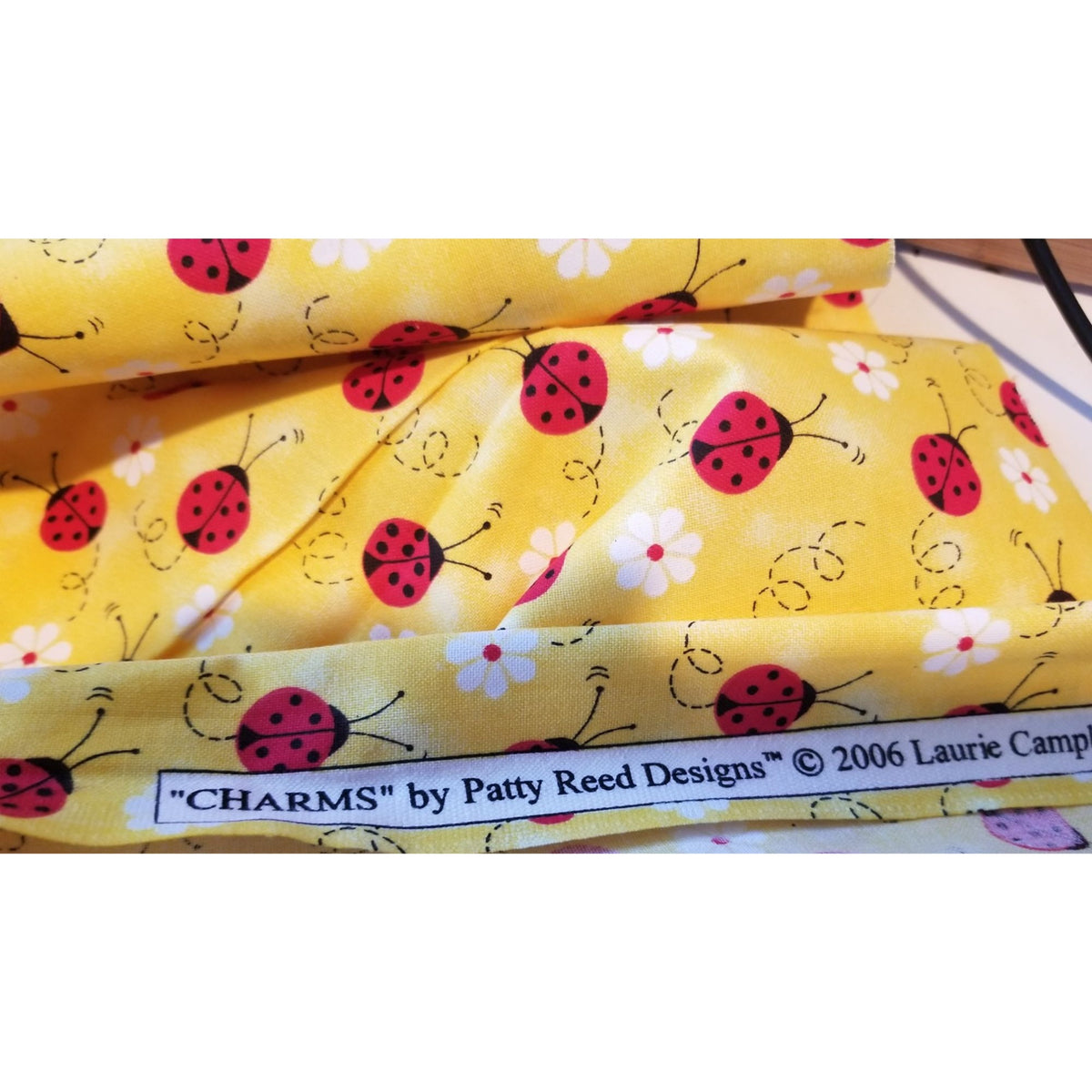 Material Yellow  Fabric Red Ladybugs White Flowers  Fabric    44" x 30"   Cotton Craft Clothing fabric Joann  Fabric