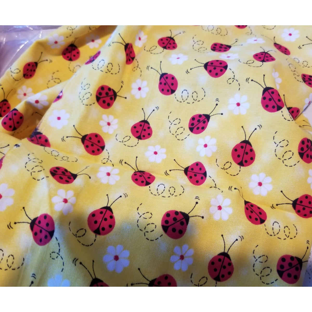Material Yellow  Fabric Red Ladybugs White Flowers  Fabric    44" x 30"   Cotton Craft Clothing fabric Joann  Fabric