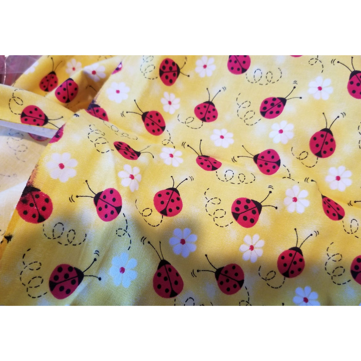 Material Yellow  Fabric Red Ladybugs White Flowers  Fabric    44" x 30"   Cotton Craft Clothing fabric Joann  Fabric