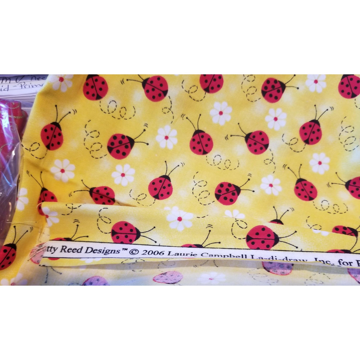 Material Yellow  Fabric Red Ladybugs White Flowers  Fabric    44" x 30"   Cotton Craft Clothing fabric Joann  Fabric