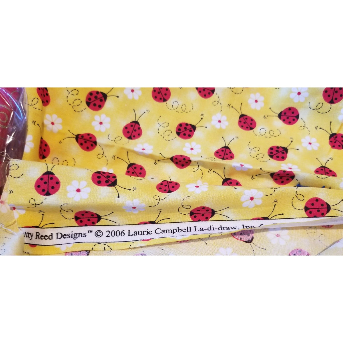 Material Yellow  Fabric Red Ladybugs White Flowers  Fabric    44" x 30"   Cotton Craft Clothing fabric Joann  Fabric