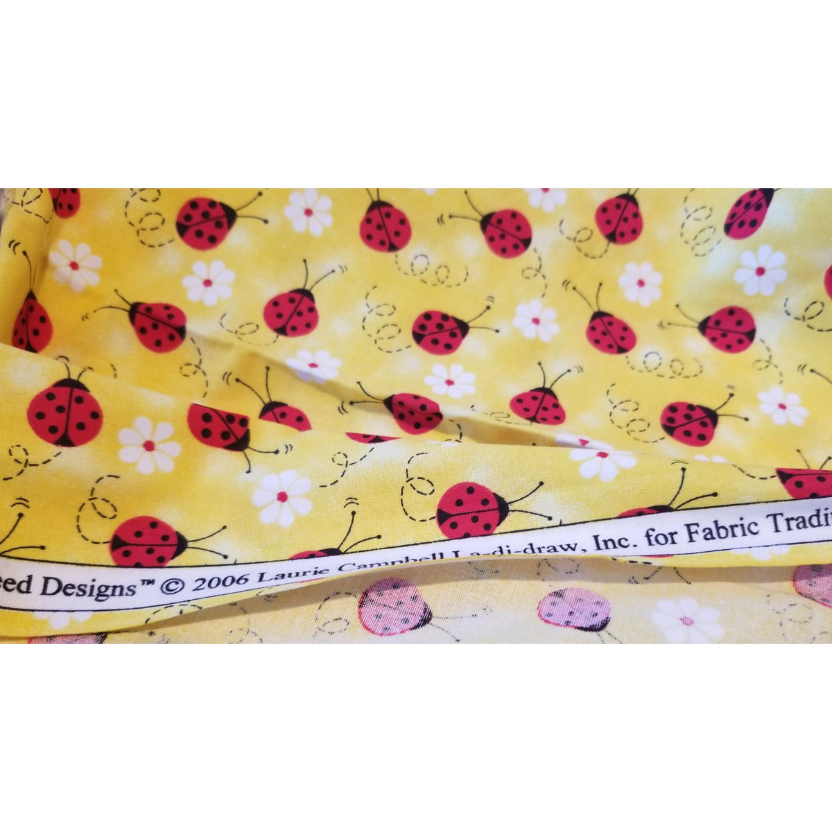 Material Yellow  Fabric Red Ladybugs White Flowers  Fabric    44" x 30"   Cotton Craft Clothing fabric Joann  Fabric