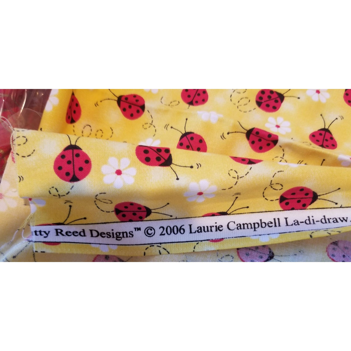 Material Yellow  Fabric Red Ladybugs White Flowers  Fabric    44" x 30"   Cotton Craft Clothing fabric Joann  Fabric