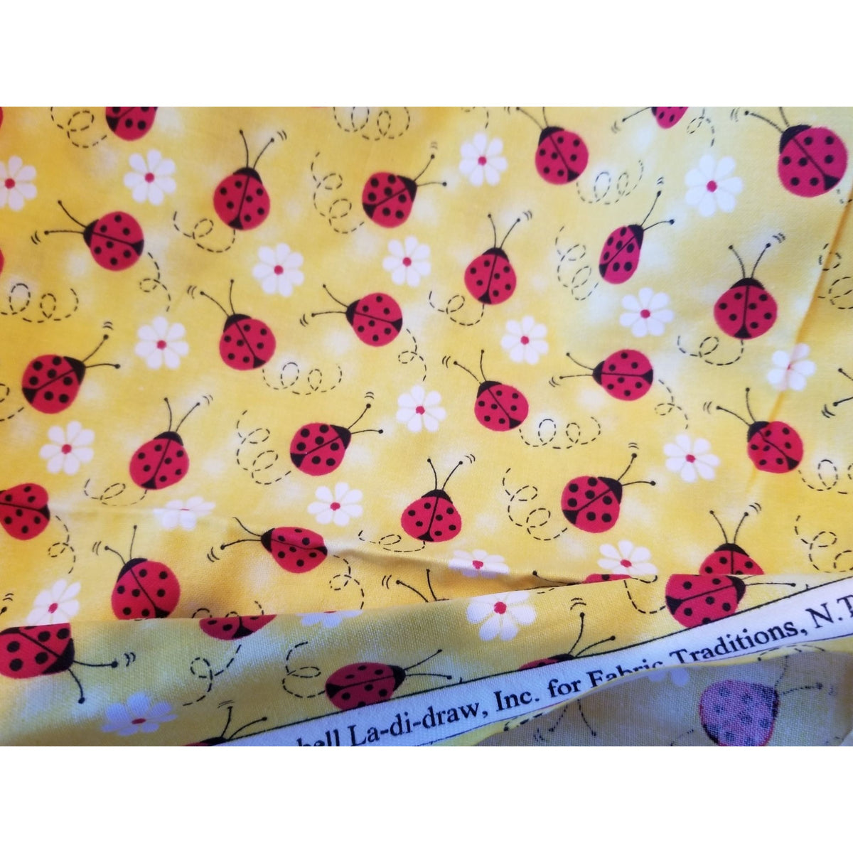 Material Yellow  Fabric Red Ladybugs White Flowers  Fabric    44" x 30"   Cotton Craft Clothing fabric Joann  Fabric