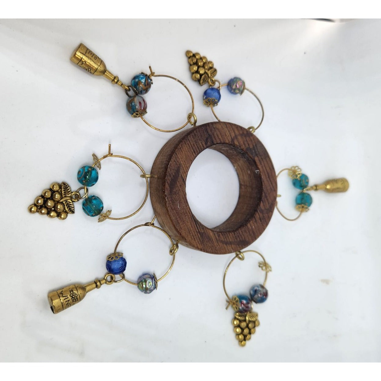 Wooden Wine Bottle Charm Set  6 Gold Color Metal Charm Glass Bead on Wine Stave