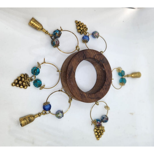 Wooden Wine Bottle Charm Set  6 Gold Color Metal Charm Glass Bead on Wine Stave