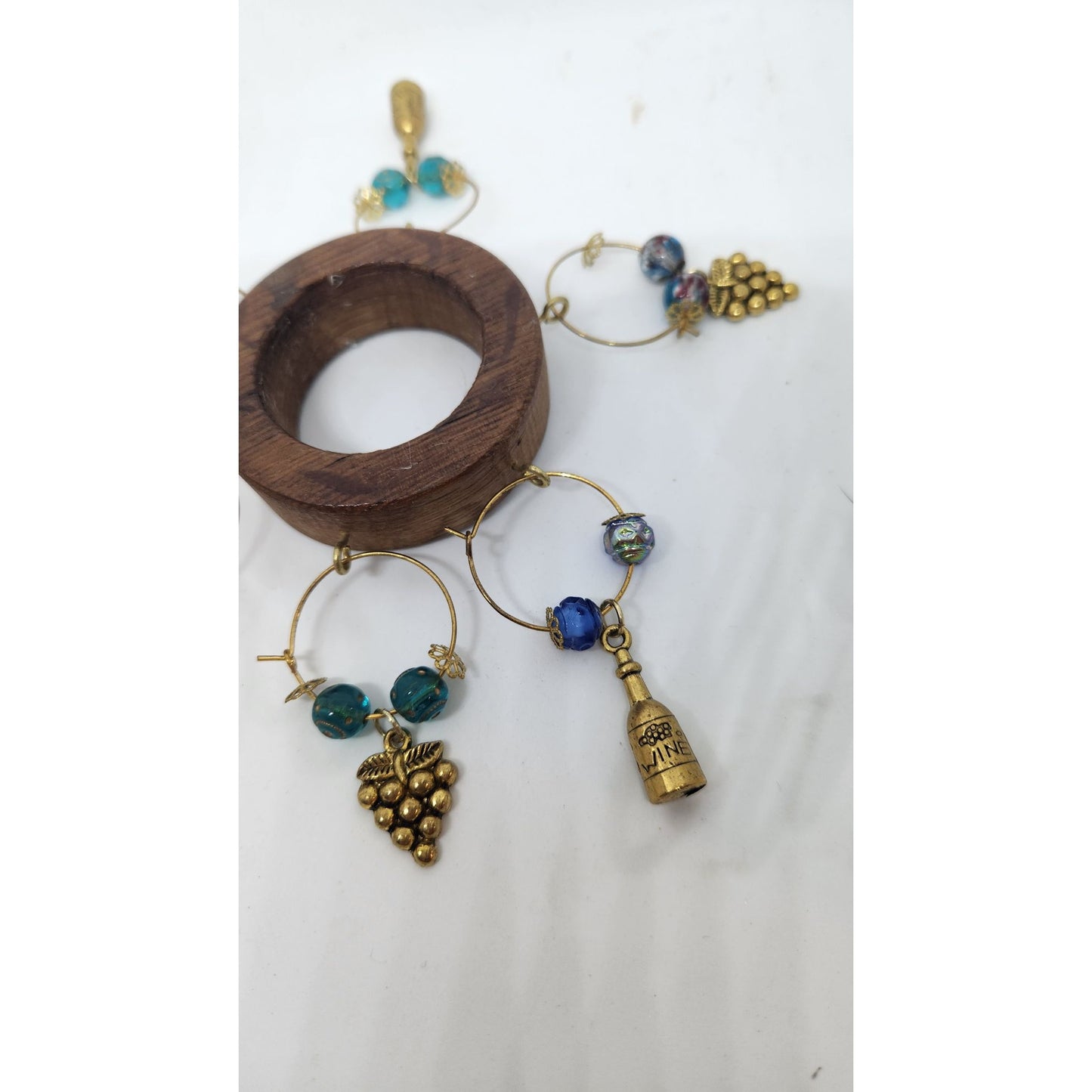 Wooden Wine Bottle Charm Set  6 Gold Color Metal Charm Glass Bead on Wine Stave