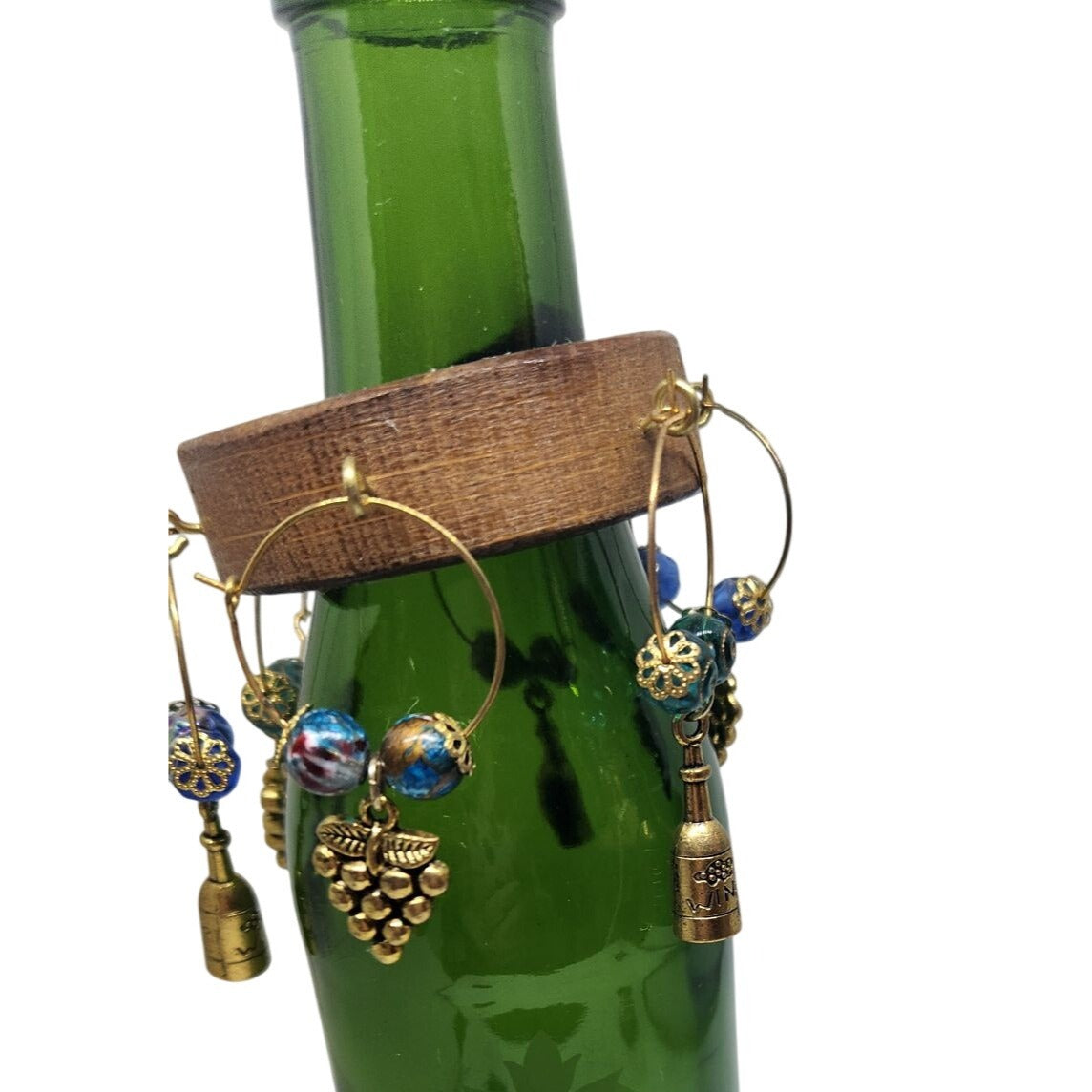 Wooden Wine Bottle Charm Set  6 Gold Color Metal Charm Glass Bead on Wine Stave