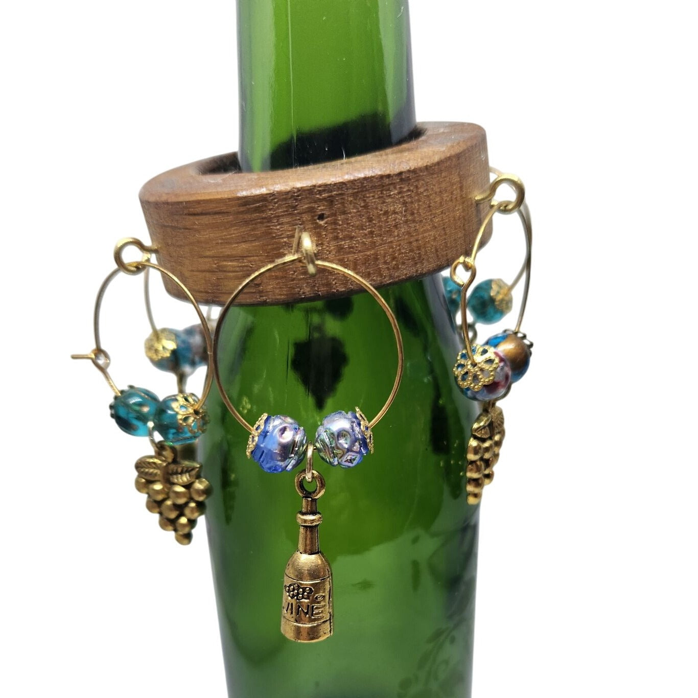 Wooden Wine Bottle Charm Set  6 Gold Color Metal Charm Glass Bead on Wine Stave