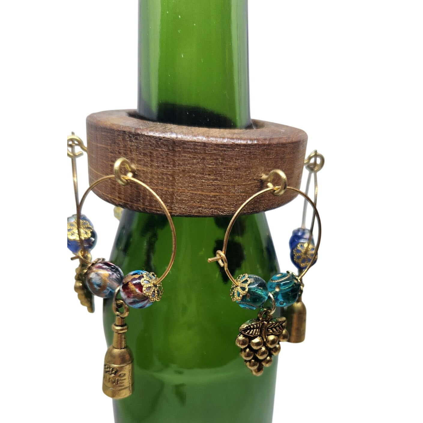 Wooden Wine Bottle Charm Set  6 Gold Color Metal Charm Glass Bead on Wine Stave