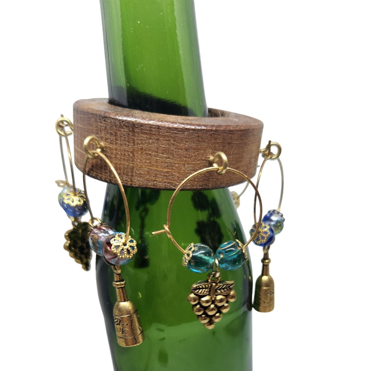 Wooden Wine Bottle Charm Set  6 Gold Color Metal Charm Glass Bead on Wine Stave