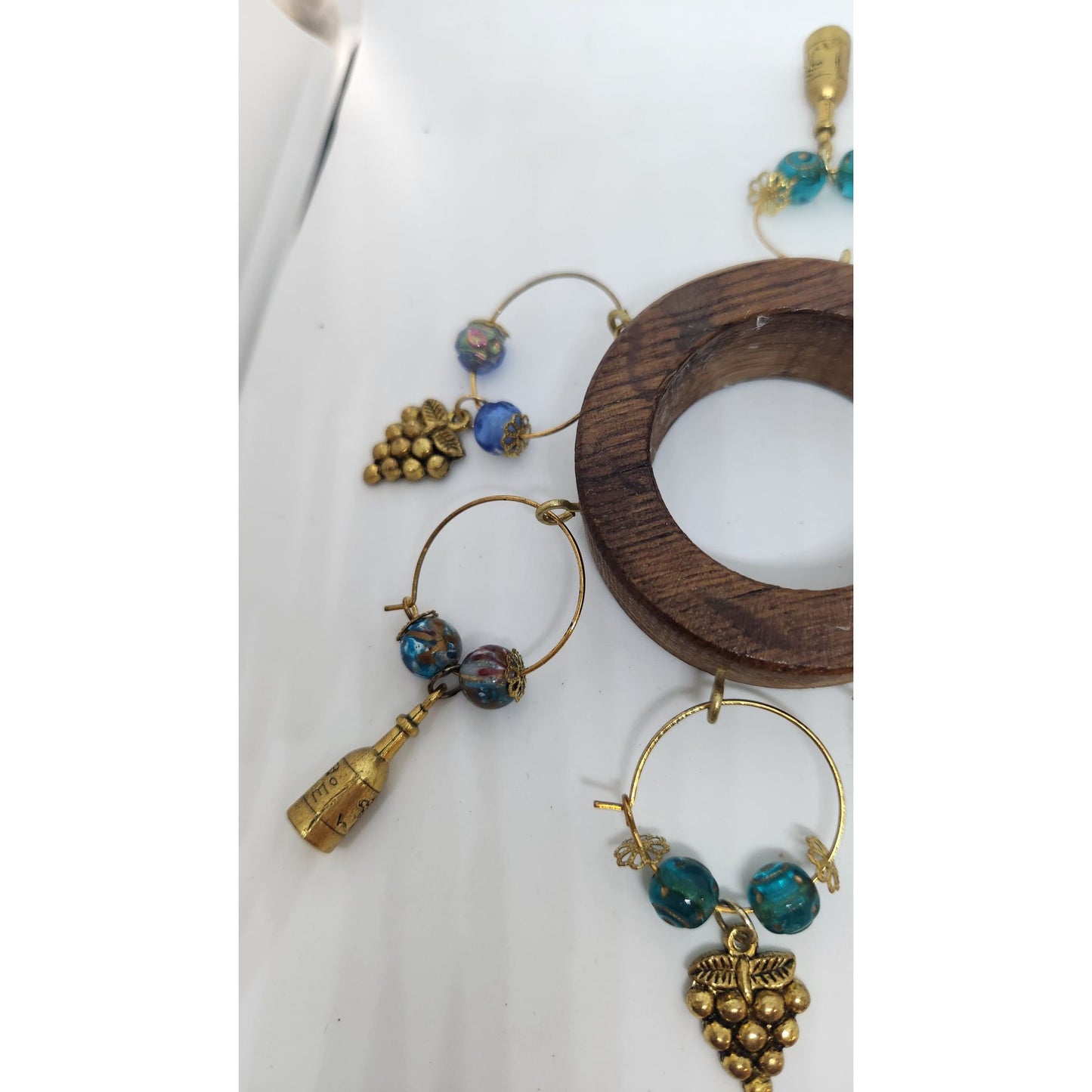 Wooden Wine Bottle Charm Set  6 Gold Color Metal Charm Glass Bead on Wine Stave