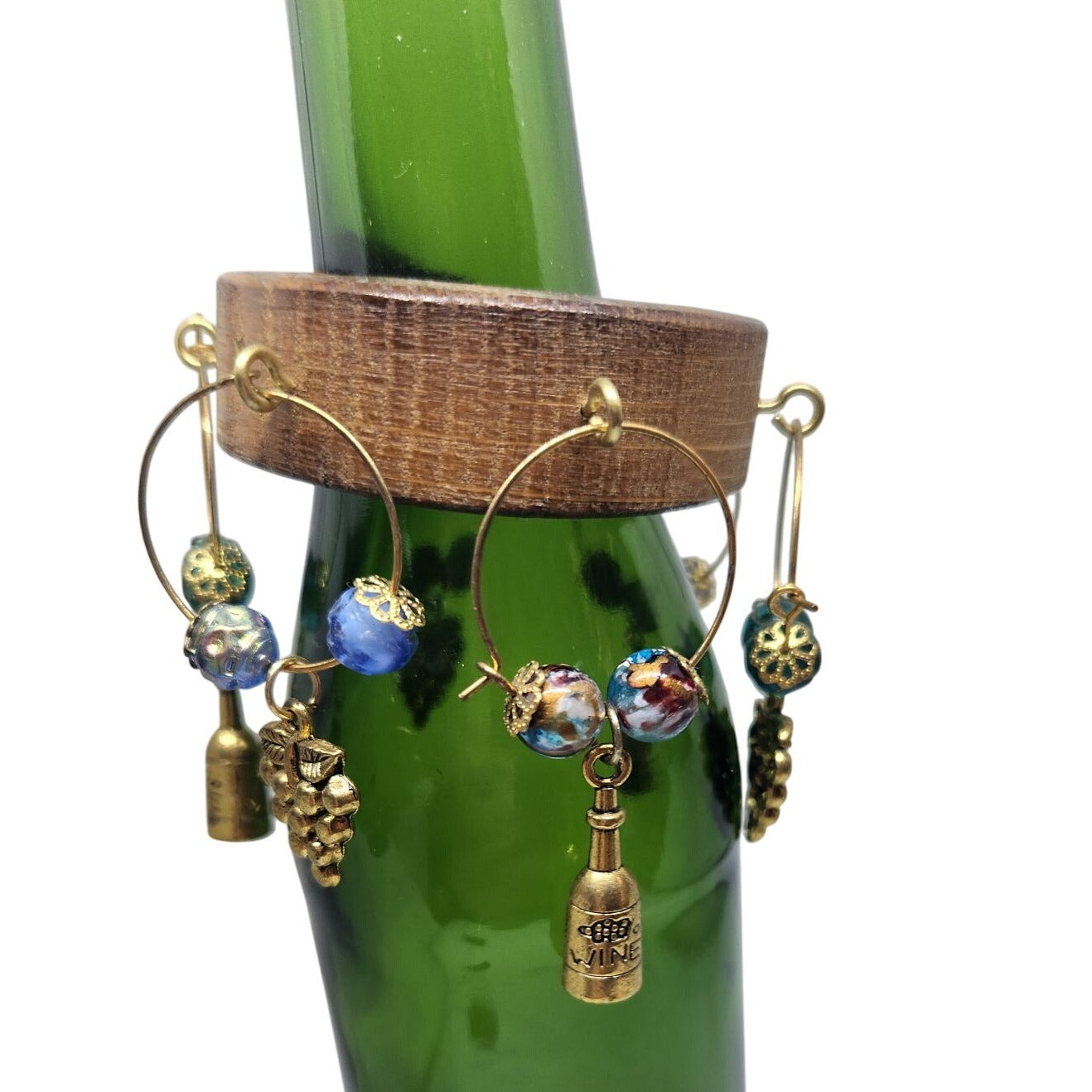 Wooden Wine Bottle Charm Set  6 Gold Color Metal Charm Glass Bead on Wine Stave