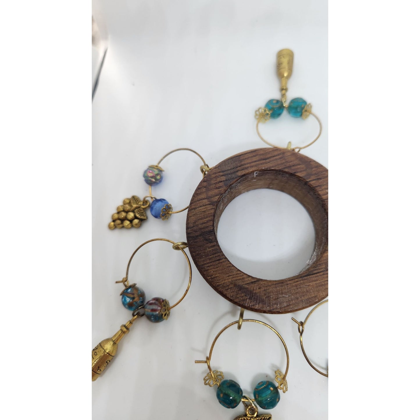 Wooden Wine Bottle Charm Set  6 Gold Color Metal Charm Glass Bead on Wine Stave