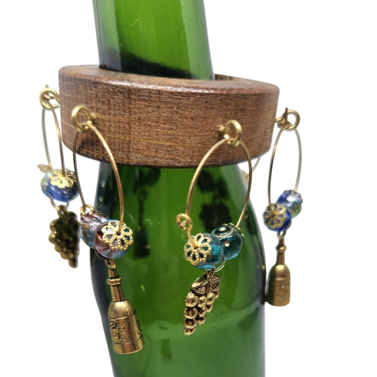 Wooden Wine Bottle Charm Set  6 Gold Color Metal Charm Glass Bead on Wine Stave