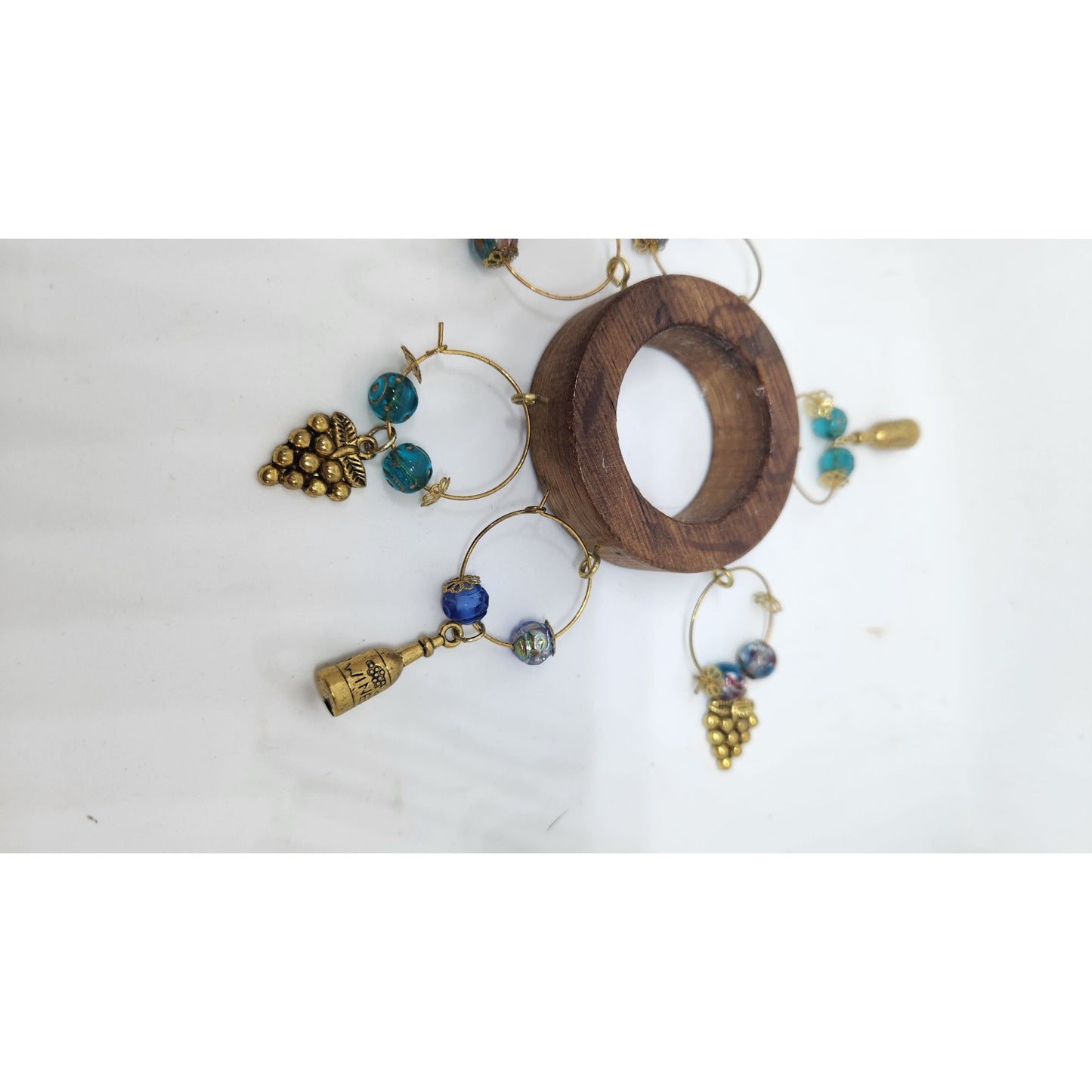 Wooden Wine Bottle Charm Set  6 Gold Color Metal Charm Glass Bead on Wine Stave
