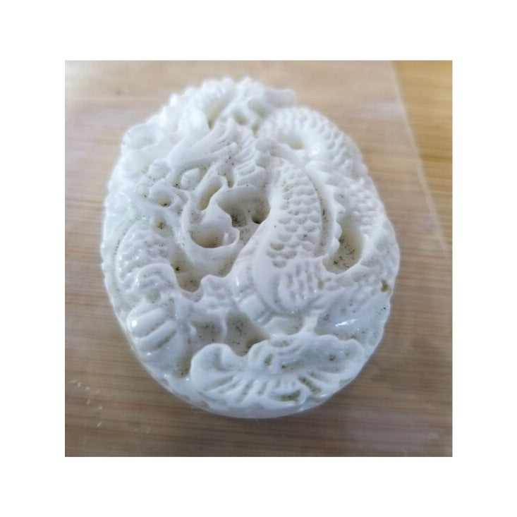 Pendant White Jade Carved Dragon Antique Lucky Medalion Oval 112 ct  22.4 Gr  45
