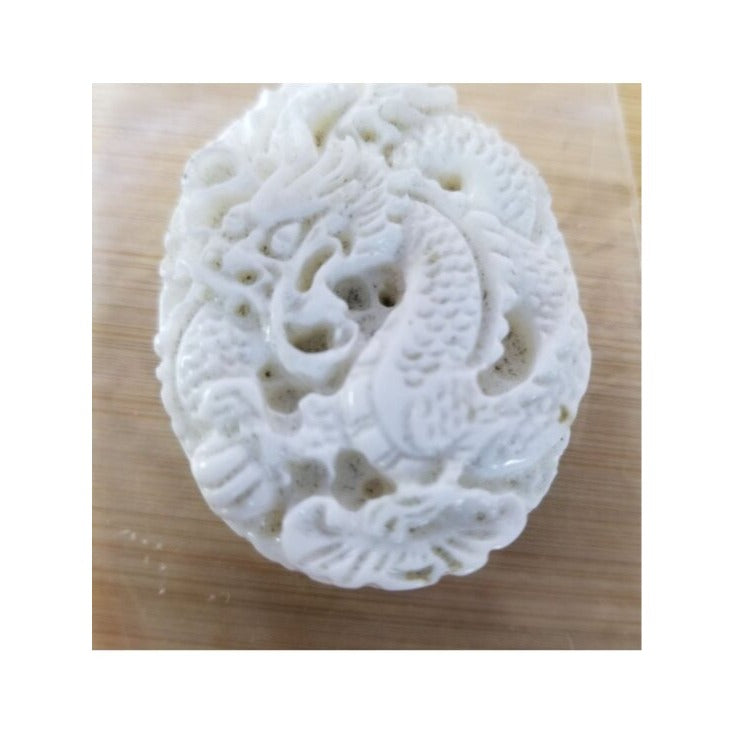 Pendant White Jade Carved Dragon Antique Lucky Medalion Oval 112 ct  22.4 Gr  45