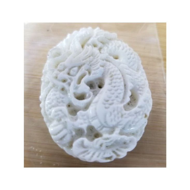 Pendant White Jade Carved Dragon Antique Lucky Medalion Oval 112 ct  22.4 Gr  45