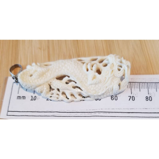 Pendant White Jade Carved Dragon Antique Lucky Medalion Oval 52.5 ct  10.5 Gr  65 mm x 30 mm