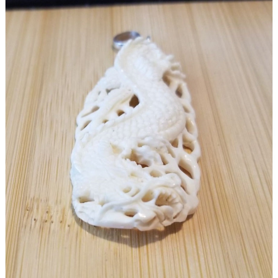 Pendant White Jade Carved Dragon Antique Lucky Medalion Oval 52.5 ct  10.5 Gr  65 mm x 30 mm