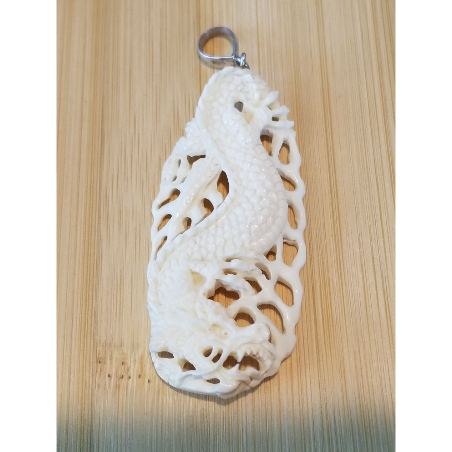Pendant White Jade Carved Dragon Antique Lucky Medalion Oval 52.5 ct  10.5 Gr  65 mm x 30 mm