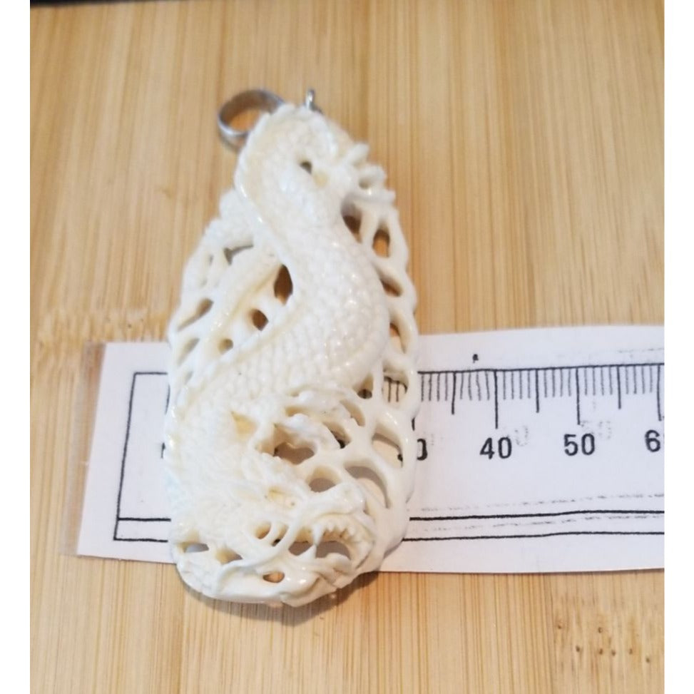Pendant White Jade Carved Dragon Antique Lucky Medalion Oval 52.5 ct  10.5 Gr  65 mm x 30 mm